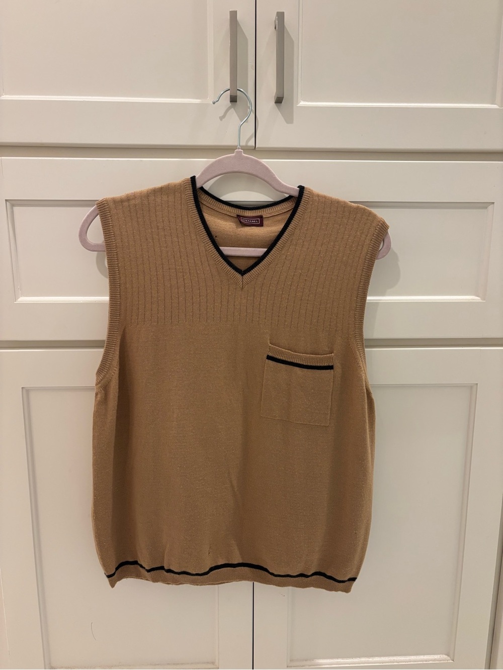Stefanel Camel V-Neck Sweater Vest with Black Trim